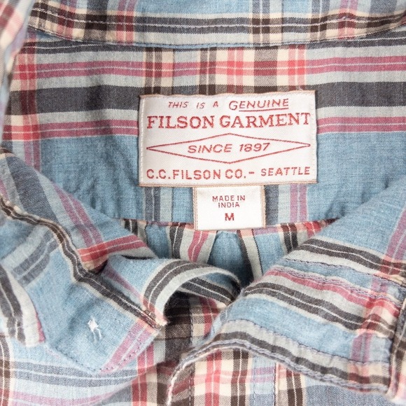 Filson Madras Plaid Button Down Mens Medium Blue Red Excellent Lightweight Shirt - Picture 3 of 7